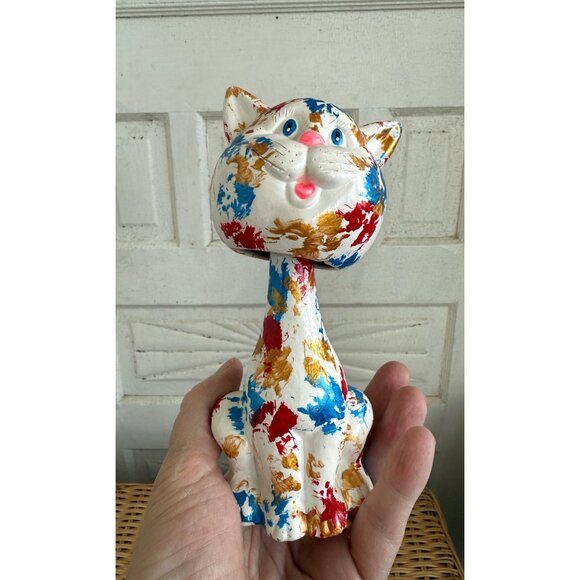 Vintage MCM Ceramic Nodder Bobber Head Cat Kitty Spatter Painted - Picture 6 of 10